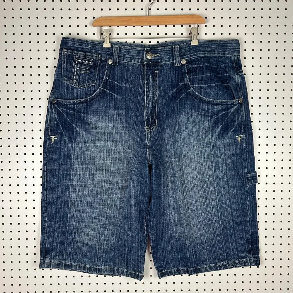 FUBU The Collection Sz 44 Denim Carpenter Shorts Blue Rhinestone Baggy Y2K Work
